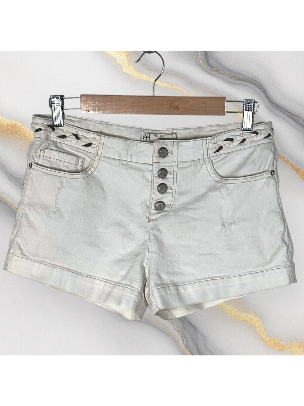 FREE PEOPLE Buttonfly Shorts Mid Rise Surfer Braided Rope Ripped White Cream